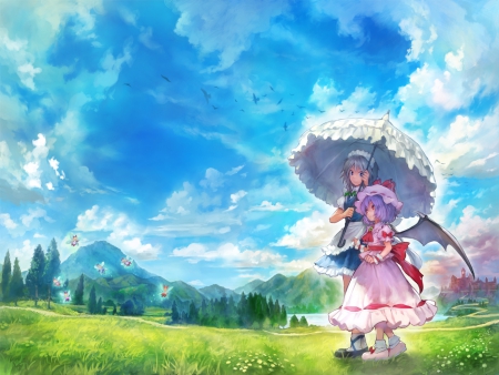 Morning Walk - pretty, anime, female, wing, scenery, walking, flying, scene, dress, walk, short hair, touhou, fly, hd, nice, sky, gown, anime girl, beautiful, girl, beauty, lovely, sweet, vampire, izayoi sakuya, cg, hourai, cloud, remilia scarlet, shanghai