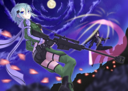 Sword Art Online - kazuto kirigaya, asada, kirigaya kazuto, anime girl, girl, kirito, shinon, asada shinon, light, kazuto, shinon asada, weapon, kirigaya, anime, sinister, night, sword art online, moon, scene, female, sinon, sao