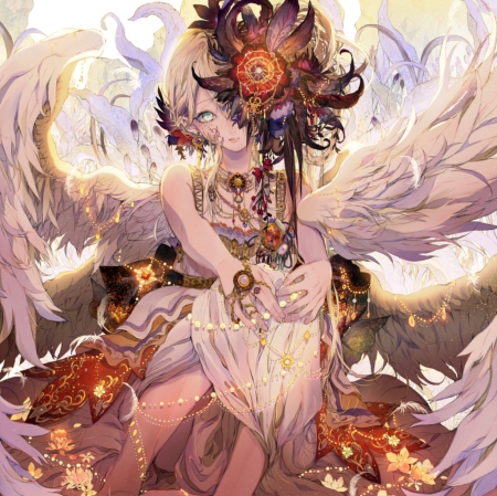 Feather - princess, angel, magic, wings, anime girl, fetahers, game, blonde hair, cool, petals, feather, lady, blonde hai, light, long hiar, beautiful, sweet, dress, nice, nic, beauty, female, fantasy, crystal, gorgeous, pretty, glowing, anime, preincess, cute, maiden, girl, feathers, lovely, gold, green eyes, wing, smile, flowers, awesome, lights