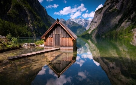 Lake in Bavarian Mountains - lake, mountains, cabin, reflection