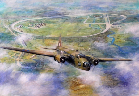 Wellington Bomber Flying Over Brooklands - military, circuit, bomber, wellington, war, brooklands, painting, plane, motor racing