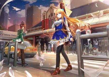 ~Alicia Vaheit~ - blue eyes, walking, cars, long hair, bulding, original, blonde hair, pretty girl, blue dress, anime, city