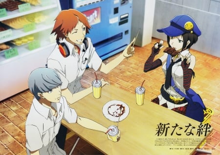 Yu & Yosuke & Marie - Persona 4 Golden - - hat, yosuke hanamura, game, anime, yu narukami, junes cafe, marie, persona 4 golden animation, persona, persona user, junes meeting, having fun, cute girl