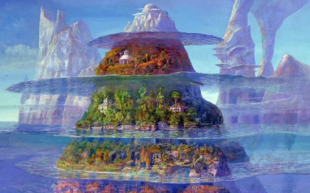 Fantasy world - game, stone, blue, rock, pink, mountain, fantasy, world, purple, green, mist