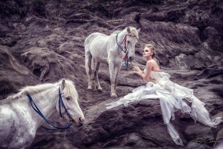 And I feel the taste of your kisses even in dreams - beauty, dreams, woman, princess, girl, photography, white horses, white dress, bride, elegant, gown, model, horses, pretty, beautiful, dress