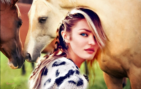 Candice Swanepoel ~ Oil painting - by cehenot, girl, oil, horse, cowgirl, black, white, animal, painting, woman, model, Candice Swanepoel, art