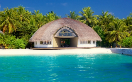 Maldives - hut, beach, sky, paradise, water, vacation, pretty, relax, ocean, maldives, palms, summer, tropical, lovely, exotic, beautiful, island, sea