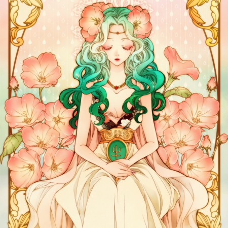 Kaiou Michiru - nice, beauty, female, anime girl, gorgeous, pretty, anime, maiden, lady, kaiou michiru, girl, long hair, lovely, sailor moon, floral, beautiful, blossom, sailor neptune, sweet, sailormoon, green hair, dress, flower