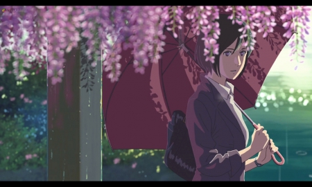 Yukari Yukino - pretty, anime, female, scenery, scene, maiden, bag, short hair, umbrella, nice, anime girl, beautiful, girl, beauty, lovely, sweet, flower, lady, floral