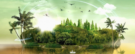 Fantasy Green World - Nature, Green, Fantasy, World, Lake, Sky, Birds, Abstract