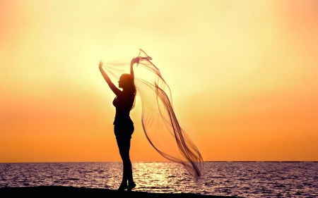 Sunset Silhouette - Ocean, Woman, Sunset, Beach