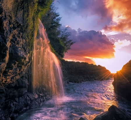 Waterfall Flowing Into The Sea, Kauai - sky, ocean, cliff, sunset, hawaii, rocks, clouds, beautiful, island