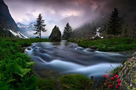 Fast Flowing River - sky, trees, water, mountains, nature, river, clouds, green, rock, flowers, gray, grass