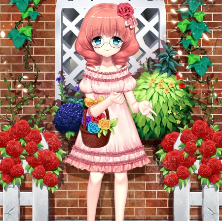 Lovely Flower - sundress, anime girl, petals, adorable, bricks, blue eyes, stand, floral, beautiful, sweet, dress, happy, nice, beauty, female, smiling, basket, rose, pretty, anime, cute, short hair, girl, lovely, cg, hd, kawaii, wall, blossom, awesome, smile, flower, red rose