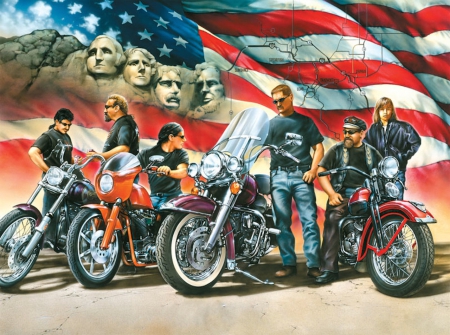 On The Road - motorbikes, motorcycles, on the road, flag, america, wheels, map, rushmore