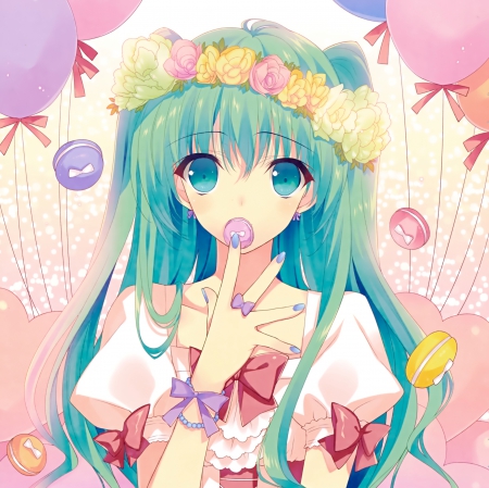 Macaron - pretty, anime, kawaii, female, food, dress, green eyes, green hair, pink, long hair, ribbon, hd, nice, anime girl, ballon, girl, sundress, lovely, sweet, cg, macaron, adorable