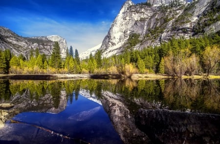 Reflections - summer, rocks, clear, cliffs, beautiful, nature, mountain, crystal, tranquility, mirrored, reflections, serenity, shore, lake, sky, calmness, trees