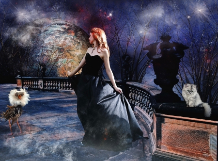 Fantasy night - bird, magic, planet, dress, earth, night, stars, fairytale, enchanted, art, sky, statue, fear, beautiful, girl, lovely, darkness, cat, dreams, black, fantasy, lady, woman, fairy