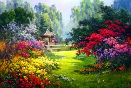 Summer gazebo - pretty, relax, blossoms, alley, summer, grass, spring, walk, flowering, flowers, garden, gazebo, paradise, art, trees, beautiful, lovely, blooming, rest, colorful, nature, painting, park