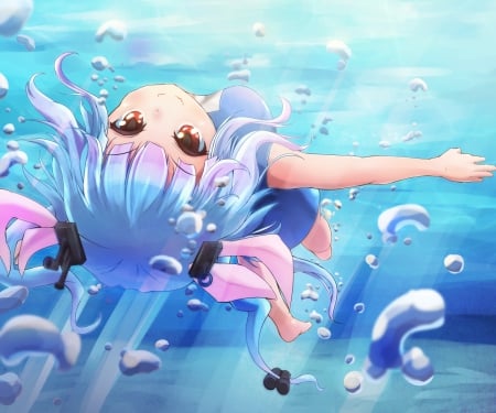 Backstroke - pretty, anime, scenery, blue, scene, long hair, swimming, blue hair, hd, nice, swim, anime girl, water, beautiful, girl, sea, beauty, lovely, sweet, cg, underwater, bubbles, aqua hair