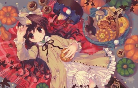 Cookies - pretty, bird, anime, kawaii, female, food, dress, lying, long hair, lolita, cookie, ribbon, yummy, nice, gown, anime girl, laying, girl, lovely, brown hair, sweet, adorable, lay