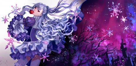 Apple Night - pretty, anime, magic, female, snowflakes, scene, maiden, snow, dress, magical, long hair, white hair, fruit, nice, silver hair, gown, anime girl, winter, realistic, beautiful, girl, beauty, lovely, sweet, flakes, lady, awesome, apple