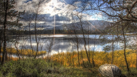 wonderful autumn lake landscape hdr - sun rays, trees, shore, boat, hdr, lake