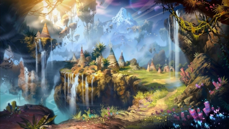 Fantasy land - water, land, Fantasy, tents, mountains