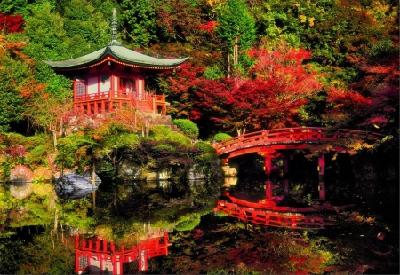 Japanese Garden - trees, reflection, house, bridge, pond