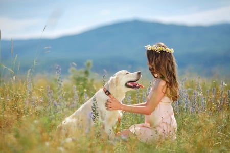 Friendship ♥ - beautiful, photography, girl, dog, sweet, frienship, golden retreiver, cute, friends, field