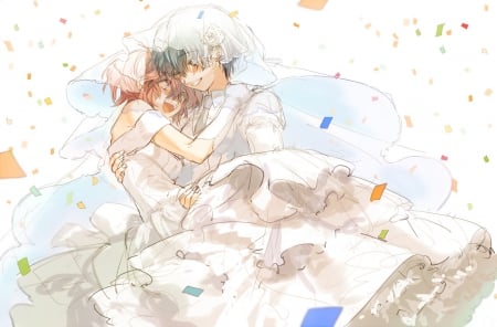 ~Husband & Wife~ - veil, bride, anime, groom, wedding, ichinose haru, wedding dress, happy, short hair, azuma tokaku, akuma no riddle, couple