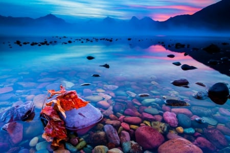 Lake McDonald Sunrise - red, mountains, purple, montana, beautiful, glacier national park, blue, sky, crystalline waters, clouds, dawning, morning fog, autumn