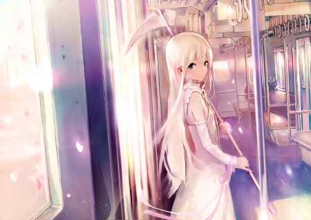 White Scythe - nice, female, creepy, sundress, anime girl, gloom, white, pretty, anime, silver hair, scene, scythe, creep, gloomy, girl, sad, long hair, lovely, cg, sorrow, hd, sweet, awesome, dress