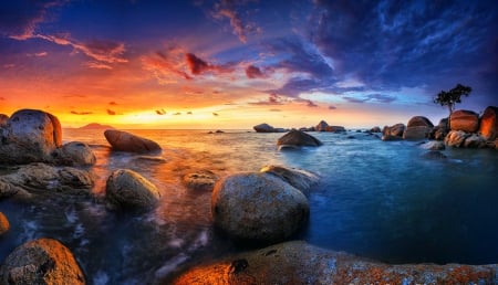 Epic - sky, ocean, trees, rocks, yellow, blue, beautiful, clouds, red, orange, island, coastal