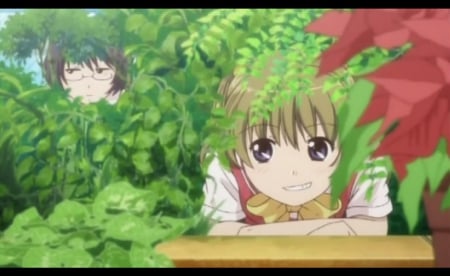 Hide n Seek - pretty, anime, kashimashi, kawaii, female, plant, happy, nice, smiling, anime girl, girl, lovely, sweet, playing, smile, bush, hide, green, cute