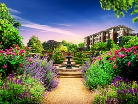 Lovely summer garden - summer, pretty, beautiful, flowers, fragrance, alleys, fountain, garden, sky, scent, lovely, park, colorful