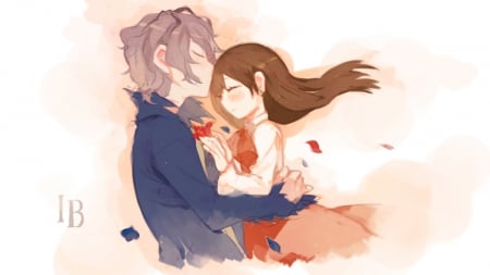 ~Hold Me~ - love, couple, gary, long hair, ib, brown hair, petals, anime, friends