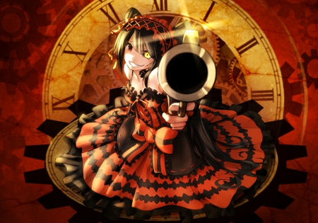 Bang-Bang - bicolored eyes, date a live, clock, tokisaki kurumi, anime, gun, dress, lolita fashion