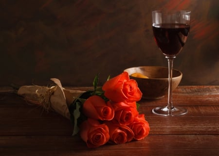 Still Life - flowers, roses, wine, nature, still lige, rose, bouquet, glass