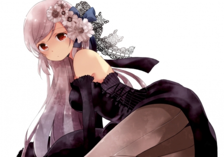 How Do I Look? - pretty, anime, dress, girl, gray hair, pantyhose, long hair