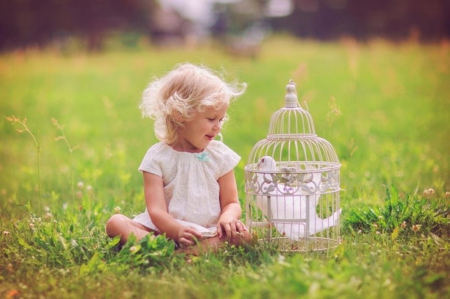 â™¥ - white dove, sitting, girl, white cage on the grass, smiling, carefree, cute