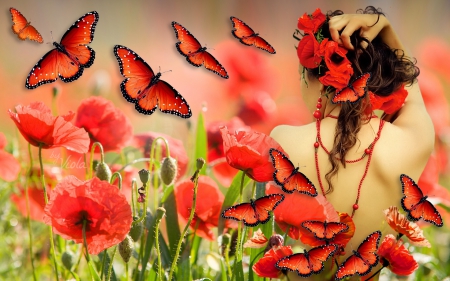 Poppy Love - Viola Tricolor, poppy, summer, butterflies, girl, love, flowers, red, field