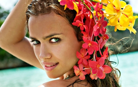 Irina Shayk - woman, girl, profile, model, face, yellow, red, irina shayk, flower