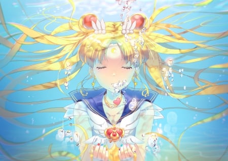 In the Sea - nice, beauty, female, blond, water, twintail, anime girl, bubbles, underwater, blond hair, pretty, blonde hair, anime, twin tail, girl, magical girl, twintails, long hair, lovely, sailor moon, cg, hd, twin tails, beautiful, sweet, sailormoon, blonde