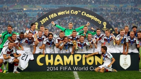 The Champions of FIFA World Cup 2014 - players, Mueller, Kroos, Brasil, Loew, Klose, Oezil, Germany, Lahm, Brazil, 2014, Boateng, Neuer, Schweinsteiger, team, FIFA, trophy, Khedia, Goetze, football, SkyPhoenixX1, soccer, Ozil, sports, Cup, Gotze, Finals, World Cup, Champions, Endgame, Schuerle, Low, Muller, stadium