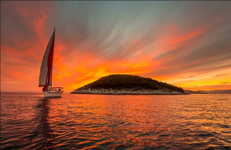 Amazing sunset - water, sunset, sea, sailboat