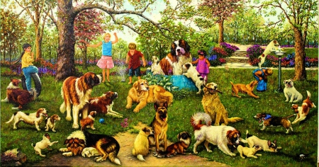 Dog Day At The Park - dogs, park, fantasy, trees