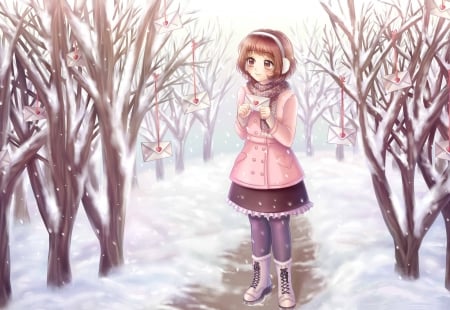 ♡ Love Lane ♡ - pretty, female, scenery, romantic, scene, snow, love letter, romance, happy, nice, miniskirt, letter, beauty, cg, white, scarf, anime, kawaii, boots, short hair, hd, smiling, branches, treet, anime girl, winter, skirt, beautiful, sweater, girl, lovely, brown hair, sweet, tree, street, smile, awesome, jacket, adorable