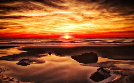 End of the Day at the Beach - beach, nature, rocks, sunset