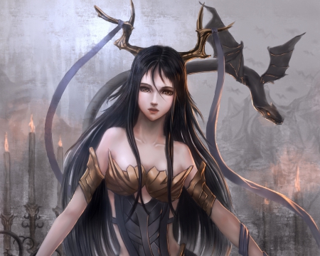 Vampire - realistic, beauty, female, hot, anime girl, black hair, gorgeous, sinister, anime, dragon, demon, sexy, girl, long hair, cg, devil, hd, horn, beautiful, lizard, dress